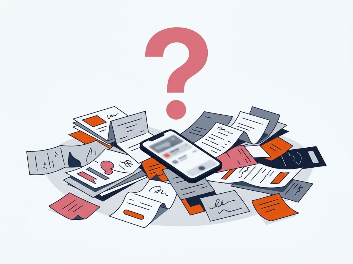 Pile of payment receipts and a phone with a question mark above — payment confusion